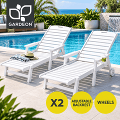 Gardeon Adjustable Sun Lounger with Wheels & Cup Holder – White HDPE (Set of 2)