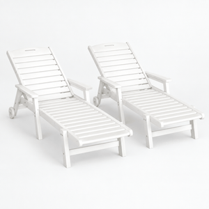 Gardeon 2PCS Sun Lounge set of two white HDPE loungers with slatted reclining backs, armrests and wheels
