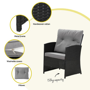 Gardeon 4-Piece Outdoor Sofa Set featuring a black handwoven rattan armchair, grey cushions and tufted pillow