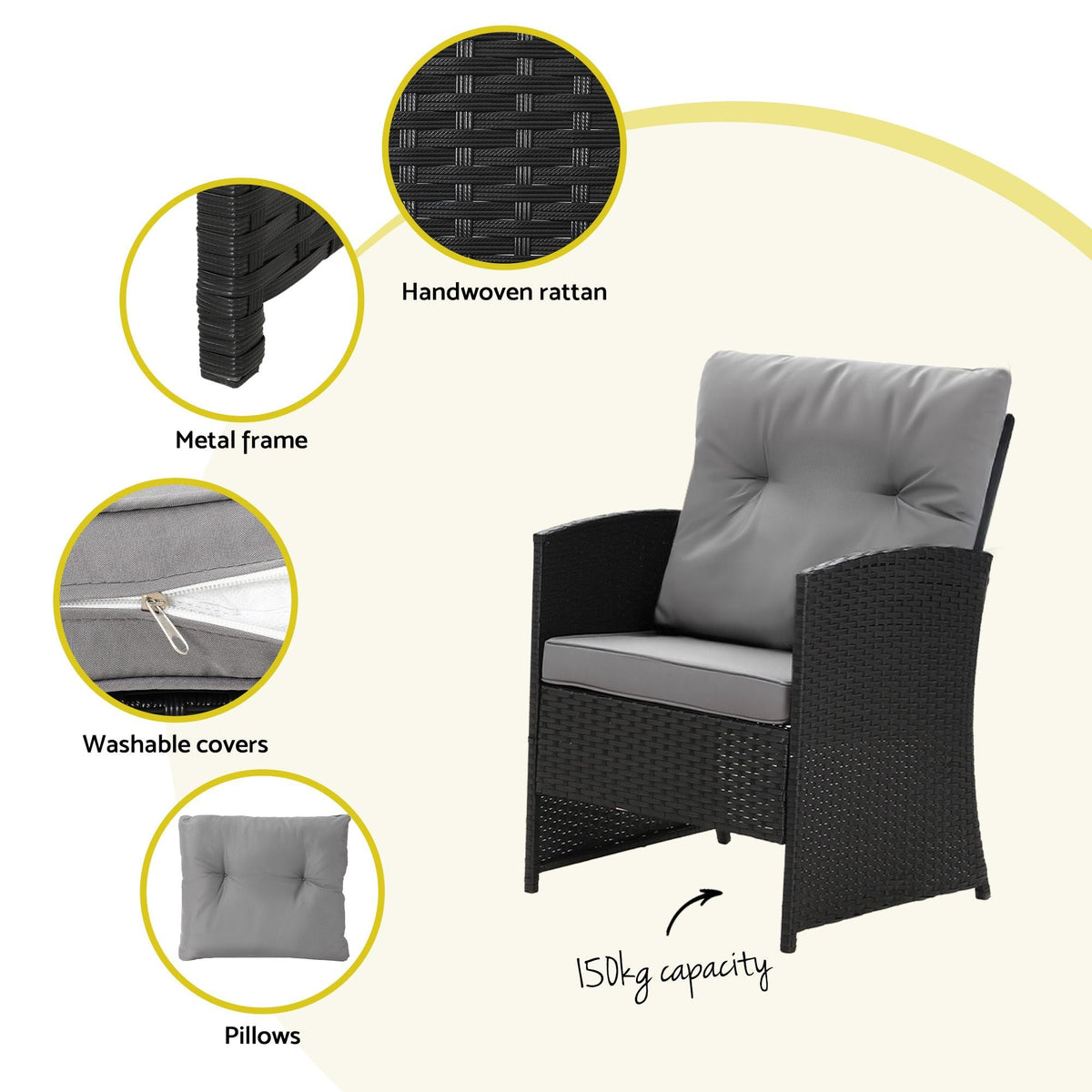 Gardeon 4-Piece Outdoor Sofa Set featuring a black handwoven rattan armchair, grey cushions and tufted pillow