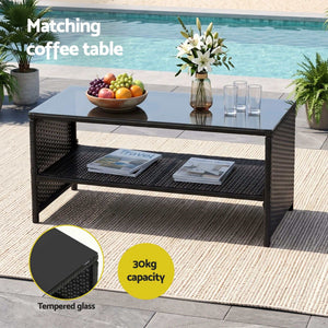 Gardeon 4-Piece Outdoor Sofa Set coffee table with black woven rattan sides, tempered glass top and lower storage shelf