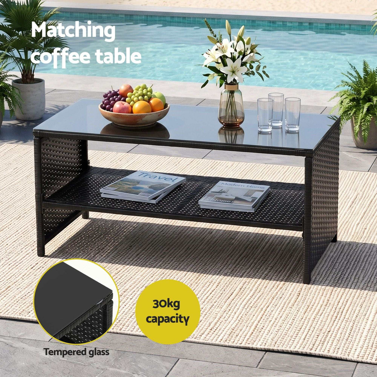 Gardeon 4-Piece Outdoor Sofa Set coffee table with black woven rattan sides, tempered glass top and lower storage shelf