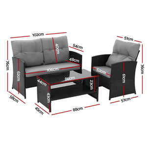 Gardeon 4-Piece Outdoor Sofa Set in black woven rattan with grey tufted cushions and a glass-top coffee table
