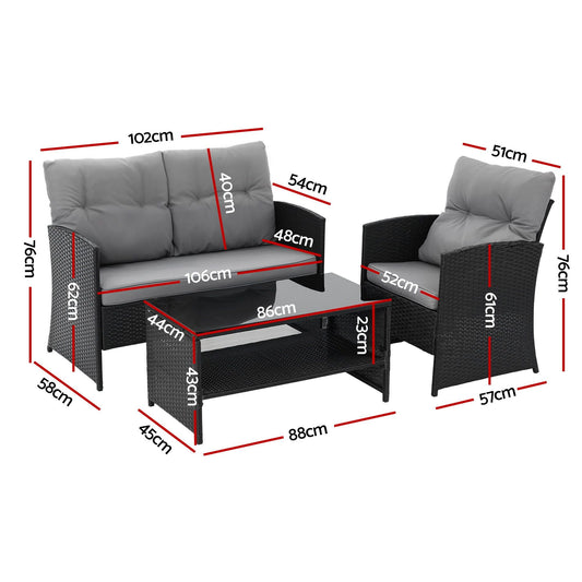 Gardeon 4-Piece Outdoor Sofa Set in black woven rattan with grey tufted cushions and a glass-top coffee table