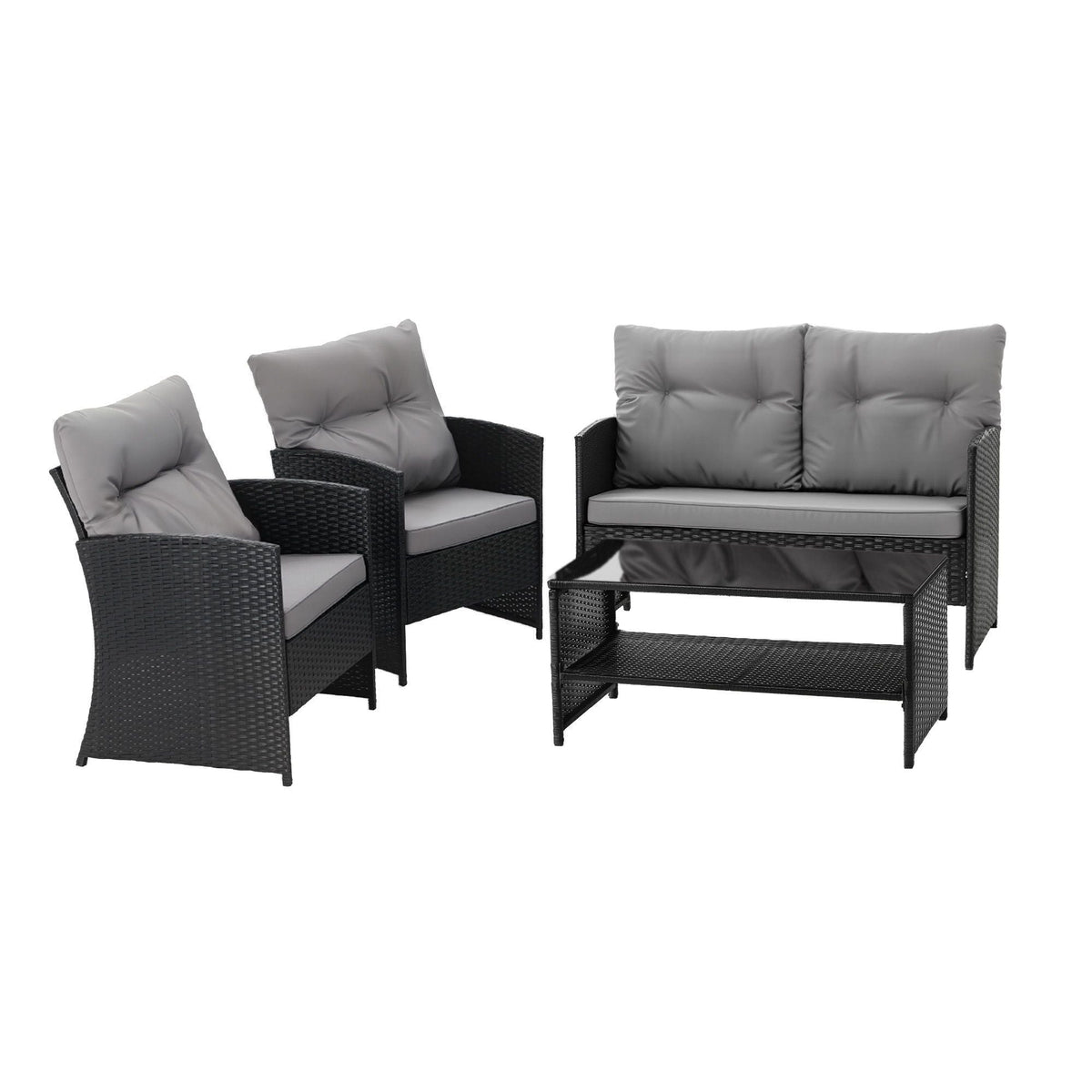 Gardeon 4-Piece Outdoor Sofa Set in black woven rattan with grey cushions, tufted back pillows and storage-shelf coffee table