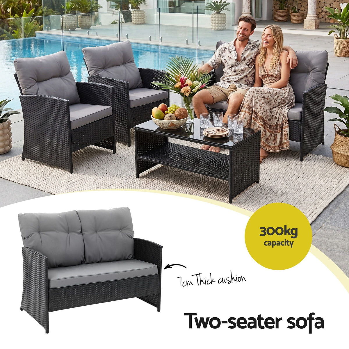Gardeon 4-Piece Outdoor Sofa Set with black woven rattan seating, grey cushions and a glass-top coffee table