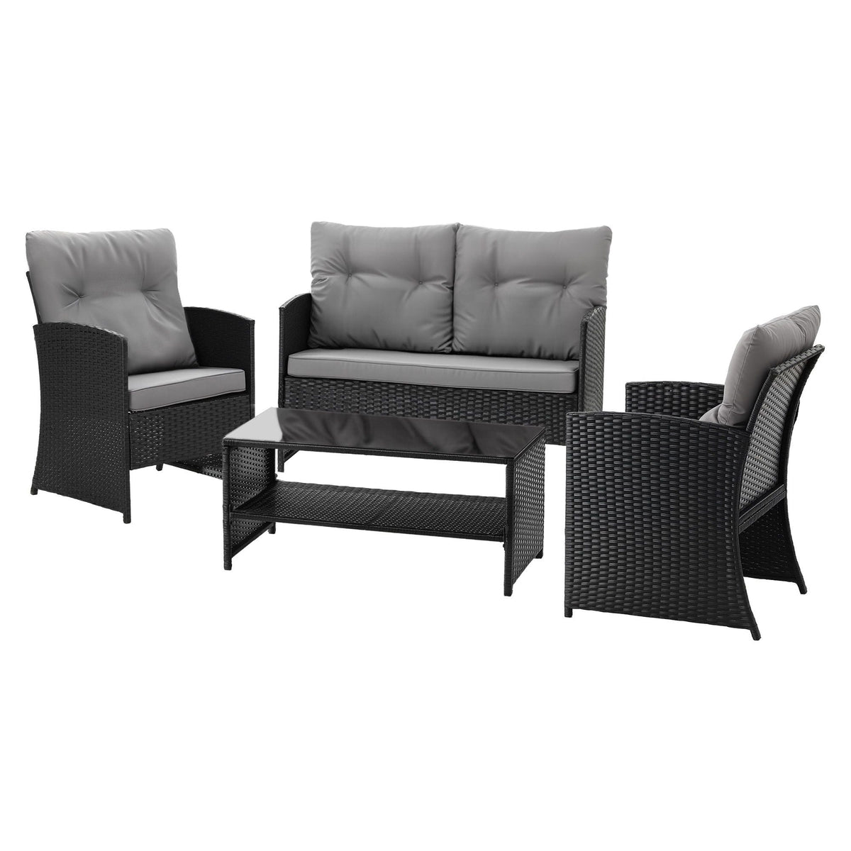 Gardeon 4-Piece Outdoor Sofa Set in black woven rattan with grey cushions, tufted back pillows and glass-top table
