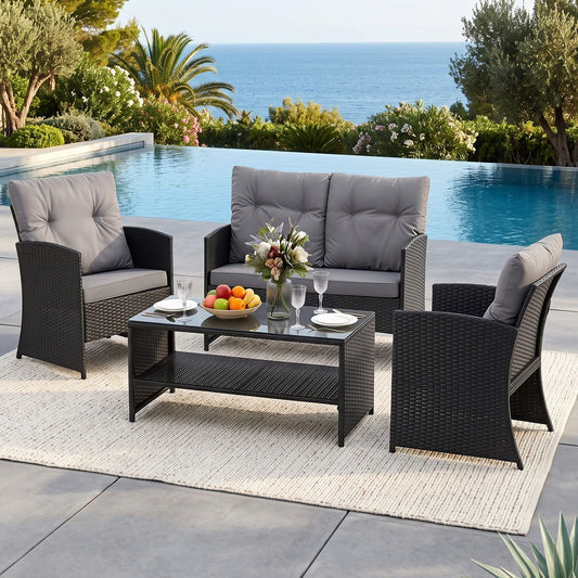 Gardeon 4-Piece Outdoor Sofa Set in black woven rattan with grey cushions and a glass-top coffee table