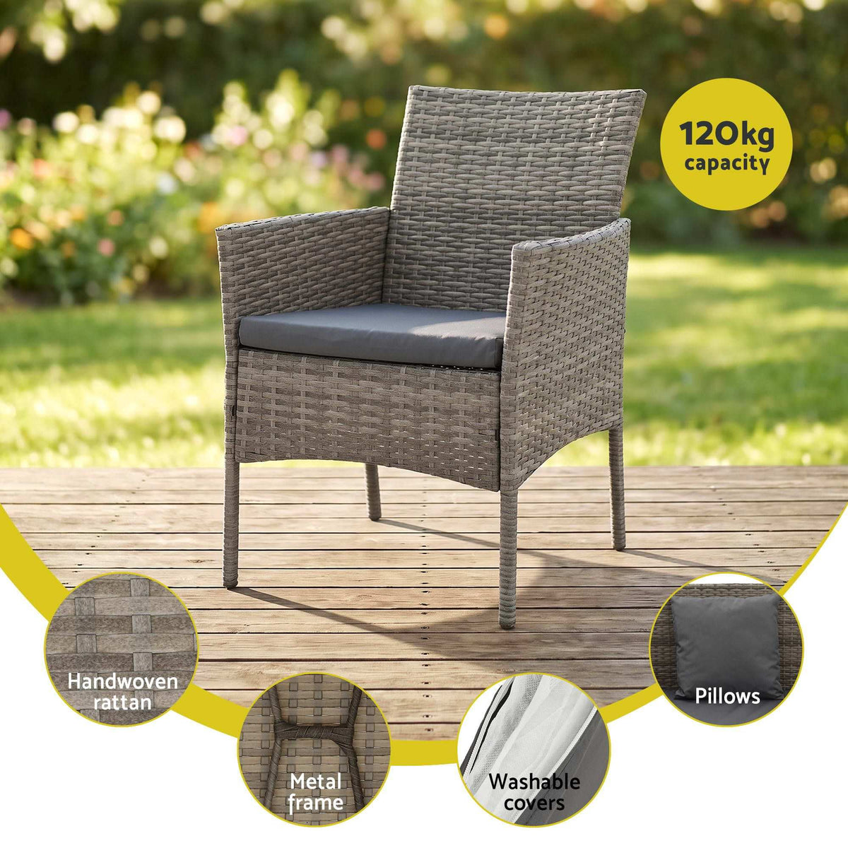 Gardeon 4-Piece Outdoor Sofa Set featuring a grey handwoven rattan armchair, dark grey cushion and metal frame