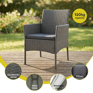 Gardeon 4-Piece Outdoor Sofa Set featuring a grey handwoven rattan single chair with metal frame and cushion