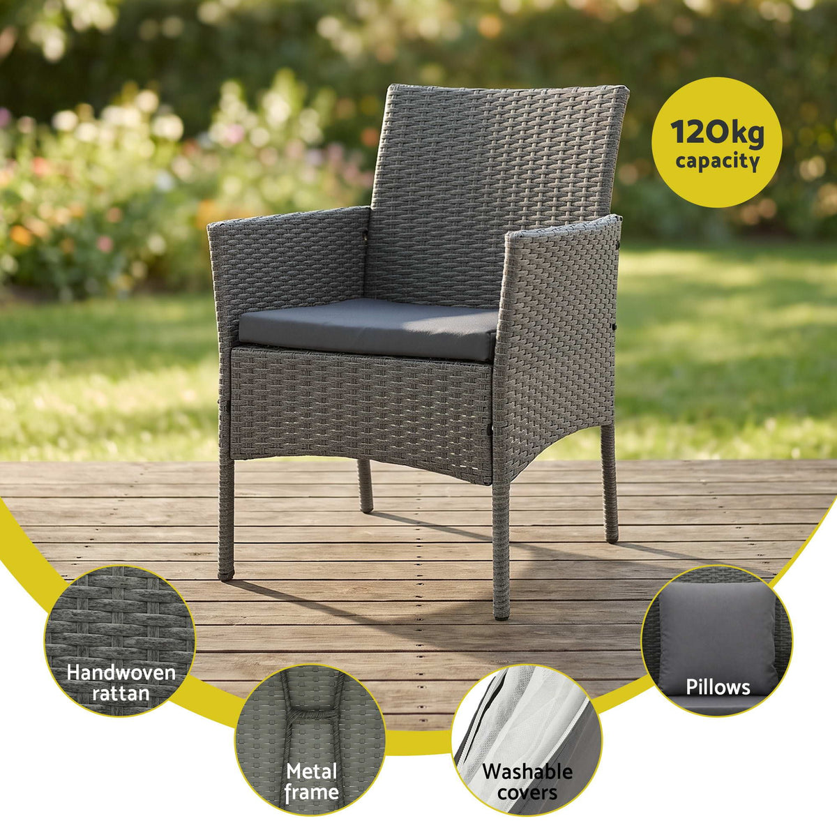 Gardeon 4-Piece Outdoor Sofa Set featuring a grey handwoven rattan single chair with metal frame and cushion