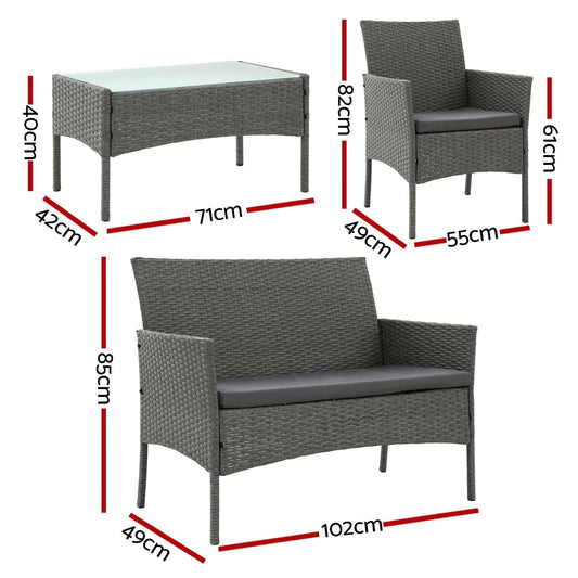 Gardeon 4-Piece Outdoor Sofa Set in grey woven rattan, with dark cushions, a glass-top table and three seats