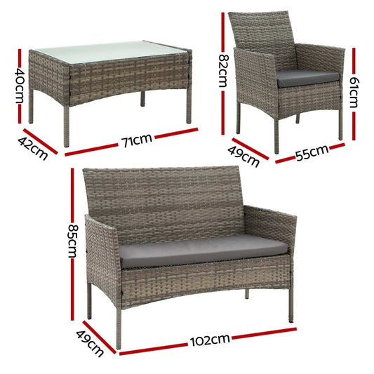 Gardeon 4-Piece Outdoor Sofa Set with grey woven rattan sofas, dark grey cushions and a glass-top coffee table