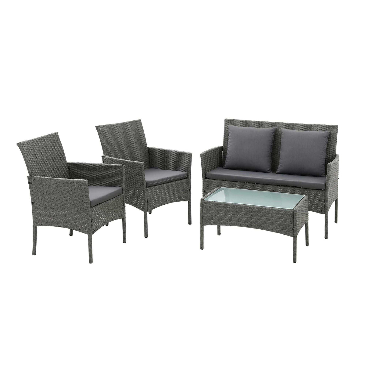 Gardeon 4-Piece Outdoor Sofa Set in grey woven rattan with cushioned seats, two matching pillows and glass-top table