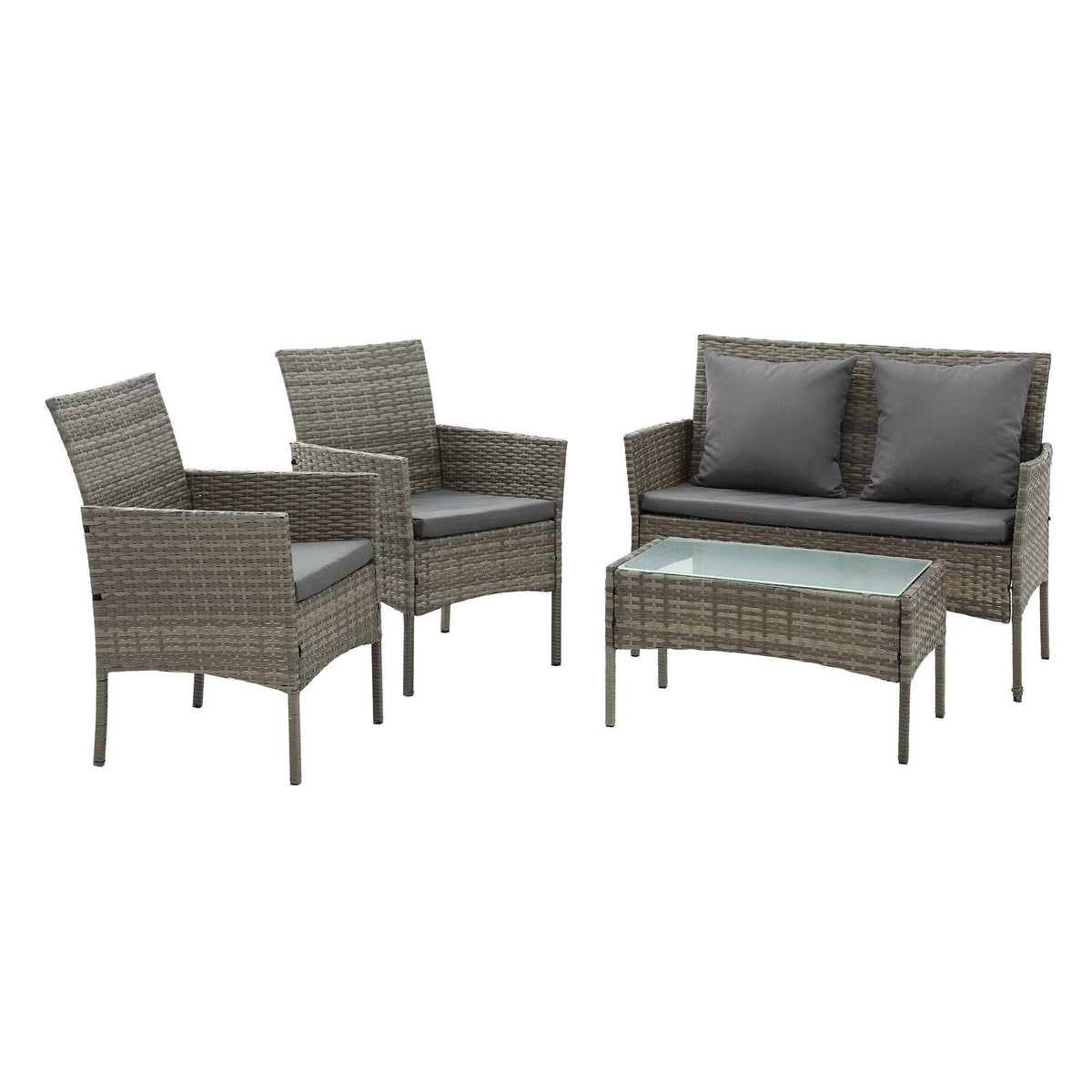 Gardeon 4-Piece Outdoor Sofa Set in mixed grey woven rattan with dark grey cushions, two pillows and glass-top table
