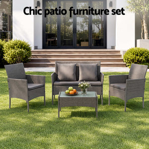 Gardeon 4-Piece Outdoor Sofa Set in grey woven rattan with cushioned loveseat, two armchairs and glass-top table