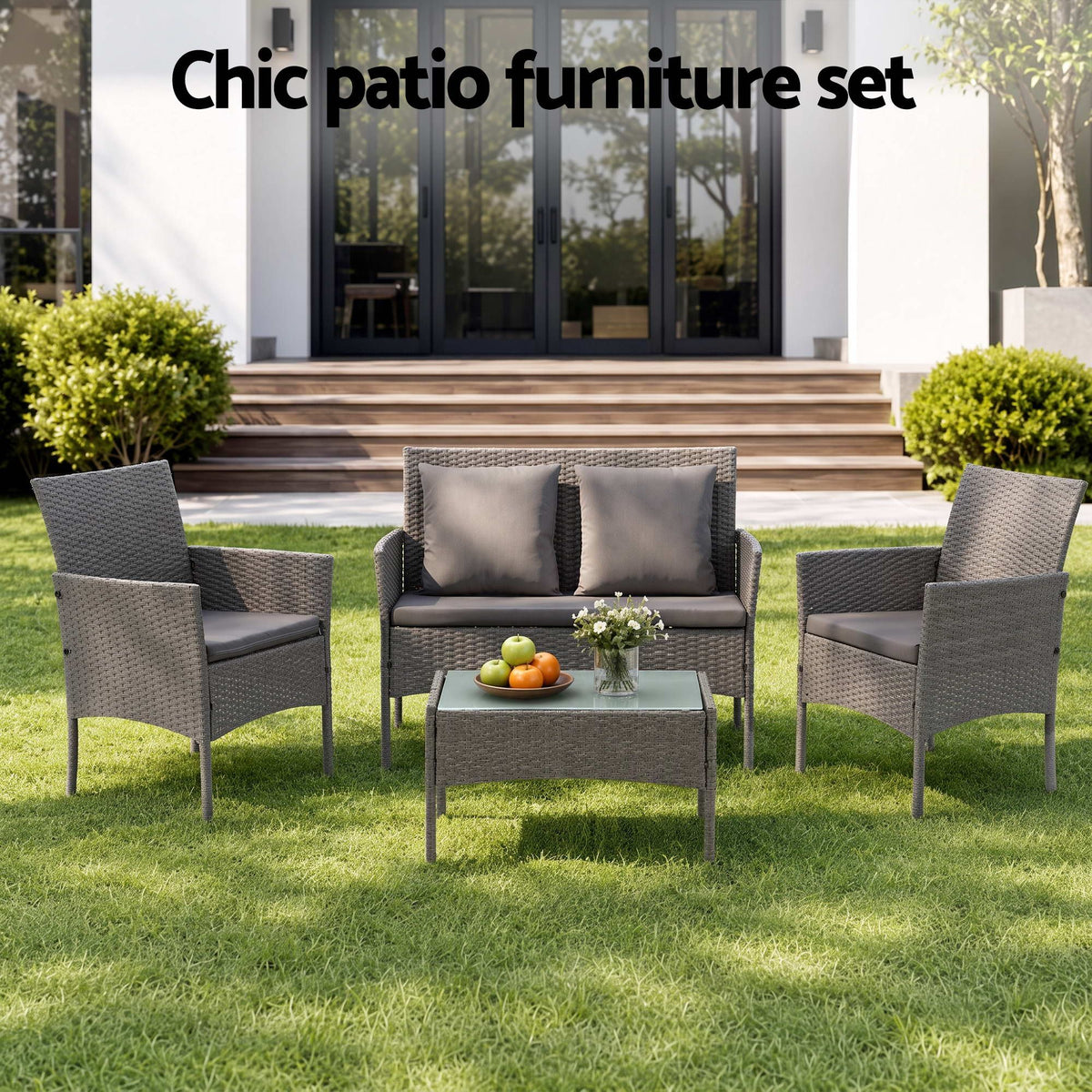 Gardeon 4-Piece Outdoor Sofa Set in grey woven rattan with cushioned loveseat, two armchairs and glass-top table