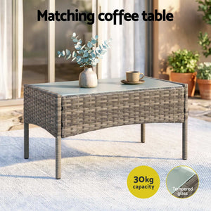 Gardeon 4-Piece Outdoor Sofa Set with a mixed grey woven rattan coffee table, tempered glass top and slim legs