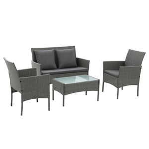 Gardeon 4-Piece Outdoor Sofa Set in grey woven rattan with dark cushions, two pillows and a glass-top coffee table