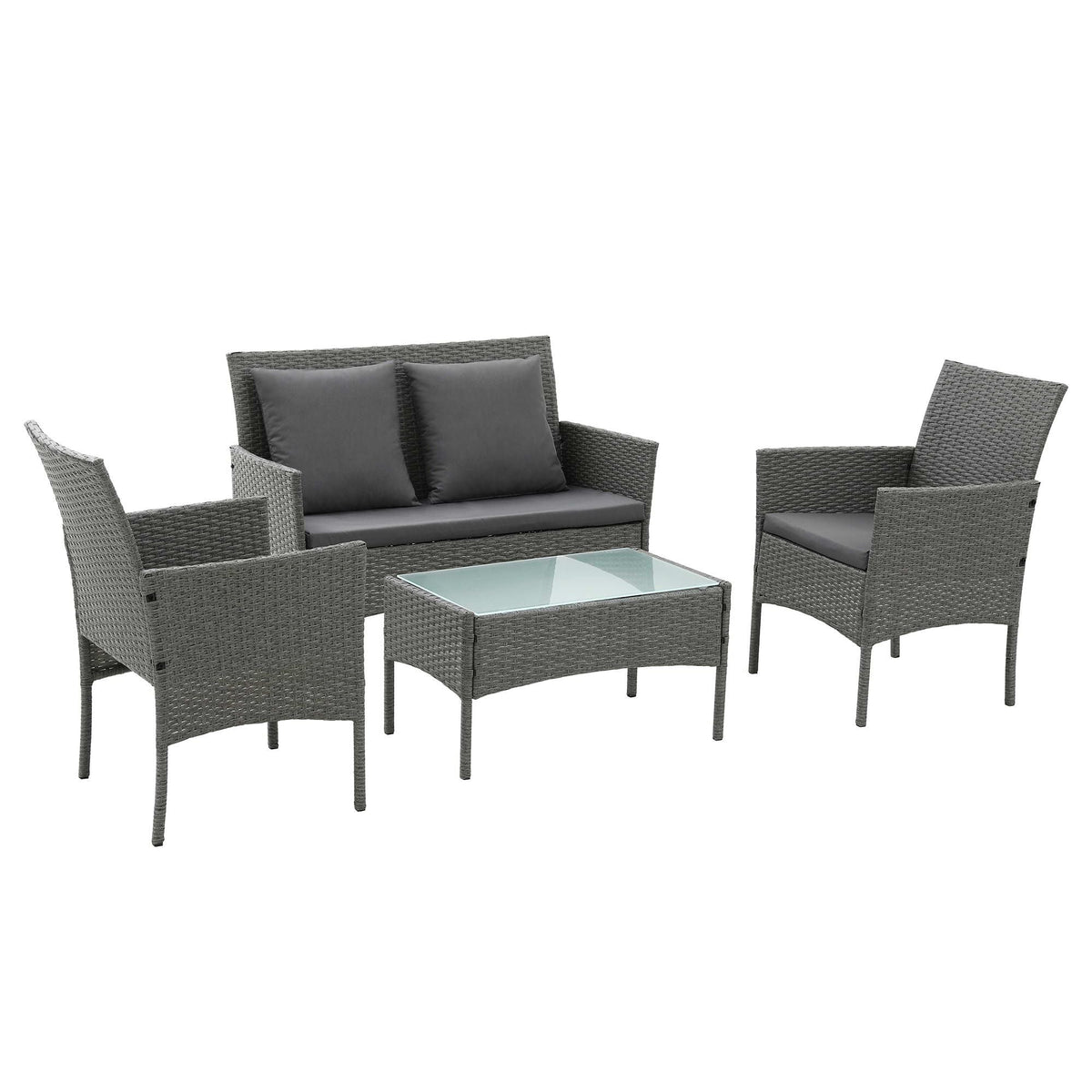 Gardeon 4-Piece Outdoor Sofa Set in grey woven rattan with dark cushions, two pillows and a glass-top coffee table