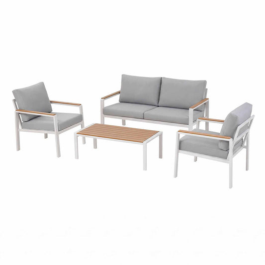 Gardeon 4-Piece Outdoor Sofa Set with white aluminium frames, grey cushions, wood-look armrests and slatted table
