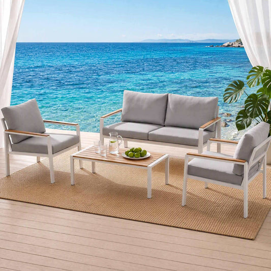 Gardeon 4-Piece Outdoor Sofa Set with white aluminium frames, grey cushions, two armchairs, a bench sofa and slatted table