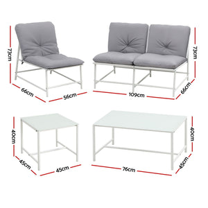 Gardeon 5-Piece Outdoor Sofa Set with grey cushions and white metal frames, shown with loveseat, armchair and two tables