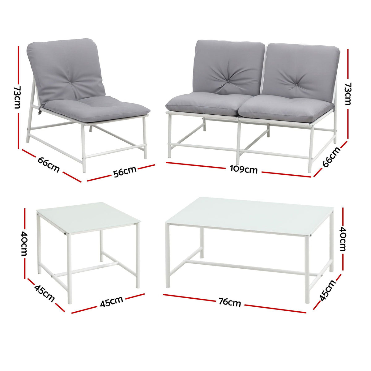 Gardeon 5-Piece Outdoor Sofa Set with grey cushions and white metal frames, shown with loveseat, armchair and two tables