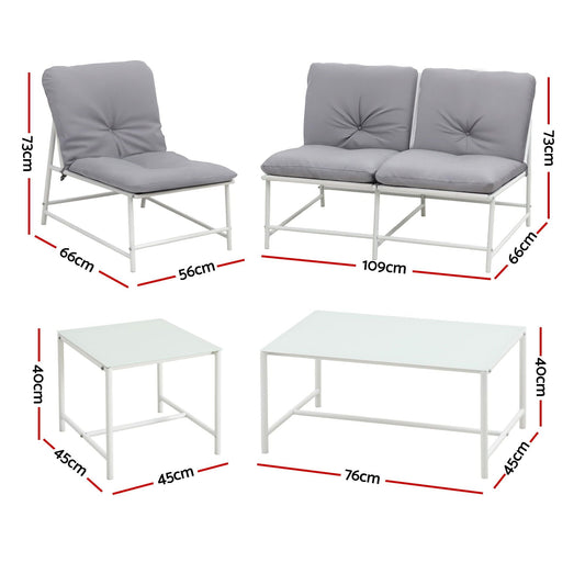 Gardeon 5-Piece Outdoor Sofa Set with grey cushions and white metal frames, shown with loveseat, armchair and two tables