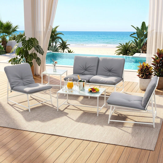 Gardeon 5-Piece Outdoor Sofa Set with white metal frames, grey cushions and glass-top coffee and side tables