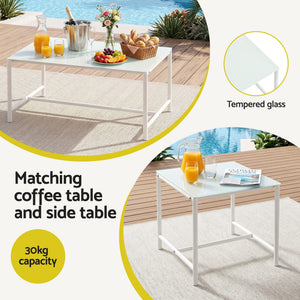 Gardeon 5-Piece Outdoor Sofa Set with white metal coffee and side tables featuring tempered glass tops