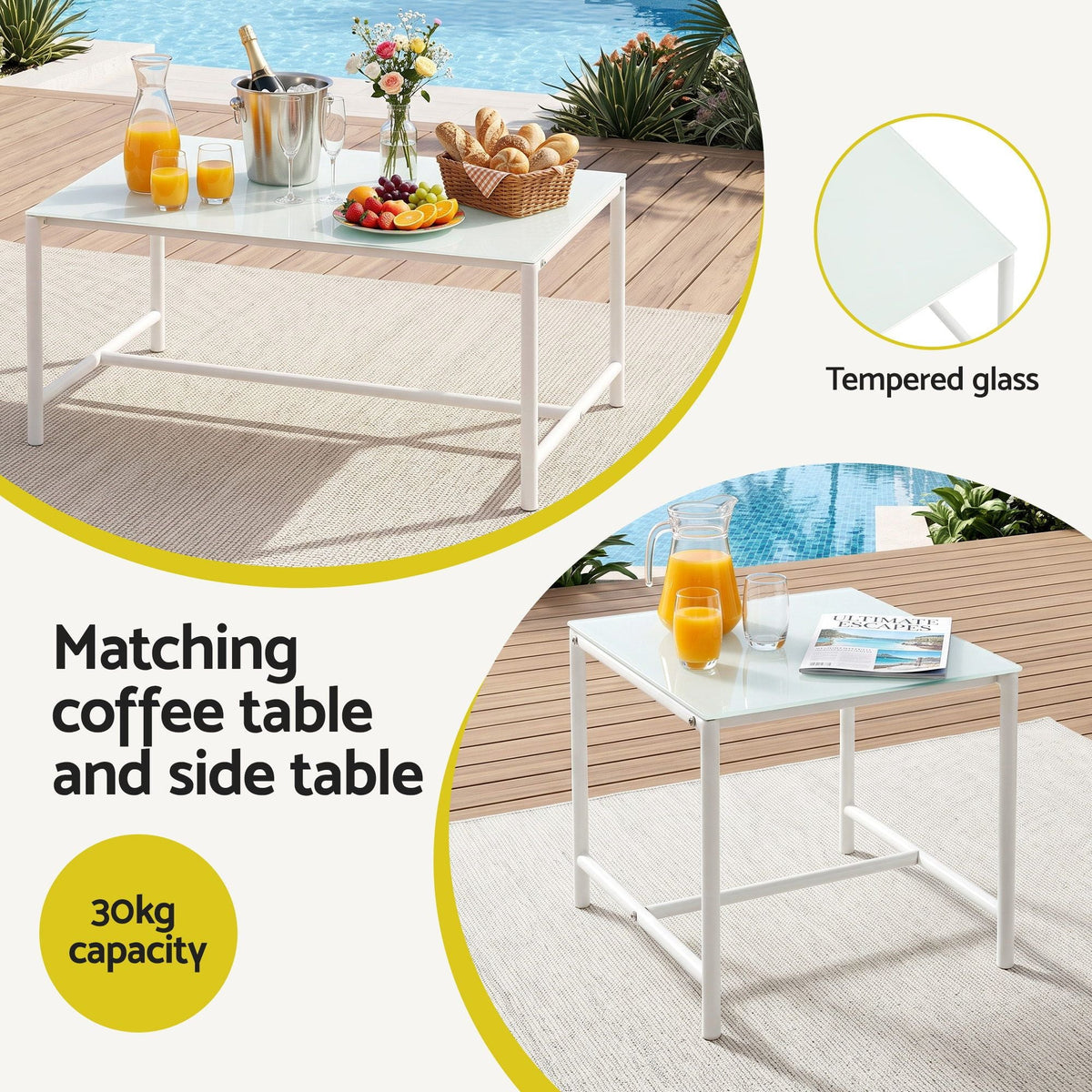 Gardeon 5-Piece Outdoor Sofa Set with white metal coffee and side tables featuring tempered glass tops