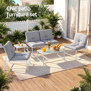 Gardeon 5-Piece Outdoor Sofa Set with white metal frames, grey cushions, a loveseat, two armchairs and glass-top tables