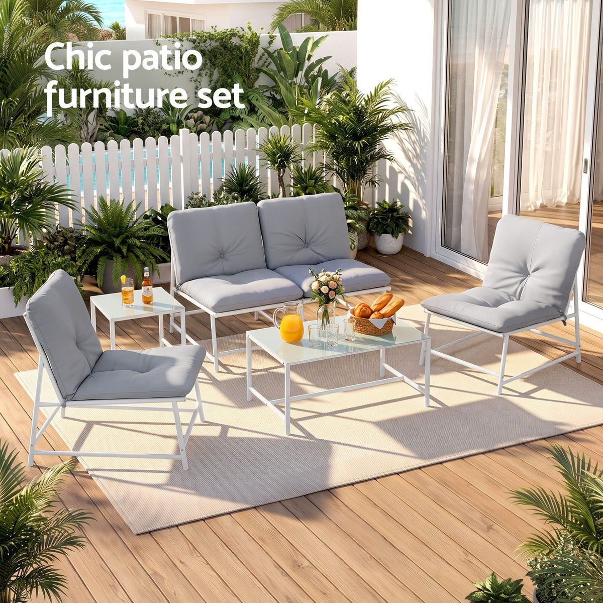 Gardeon 5-Piece Outdoor Sofa Set with white metal frames, grey cushions, a loveseat, two armchairs and glass-top tables