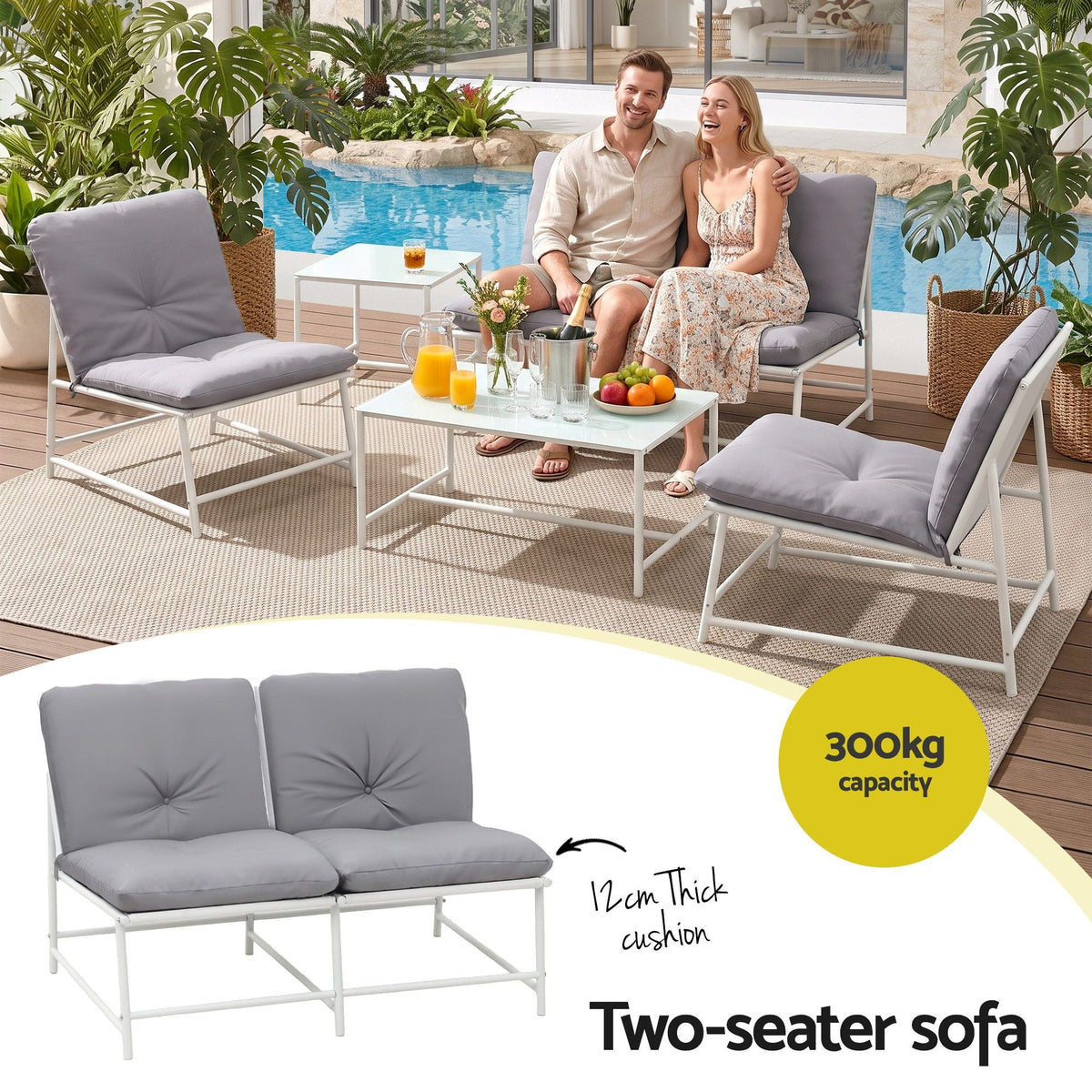 Gardeon 5-Piece Outdoor Sofa Set with white metal frames, grey cushions and glass-top tables, including a two-seater sofa