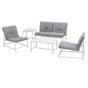 Gardeon 5-Piece Outdoor Sofa Set with white metal frames, grey cushions and two glass-top tables