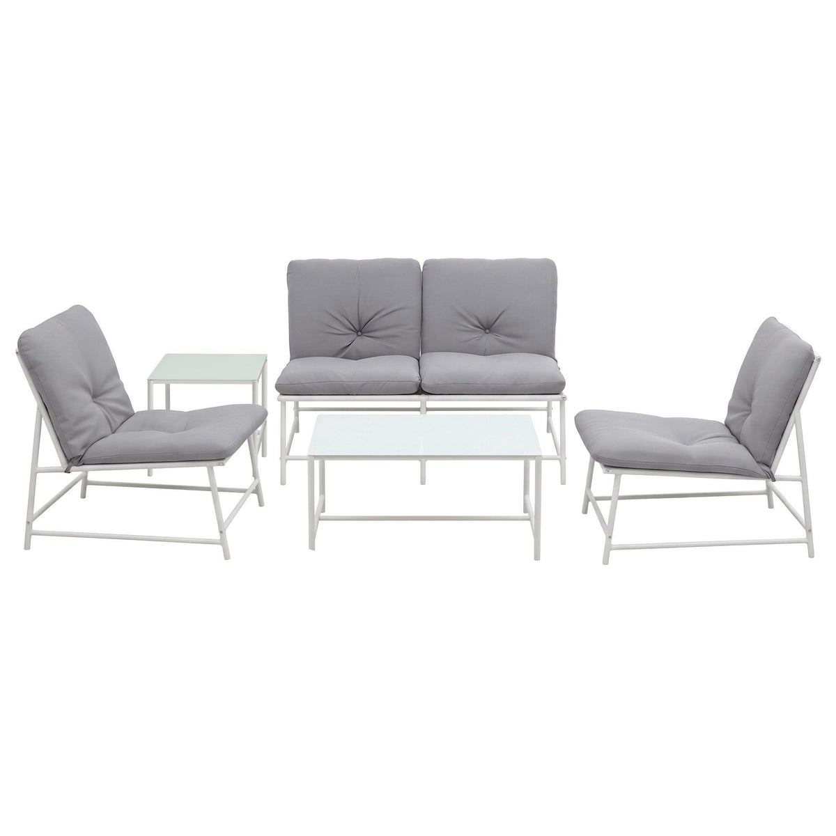Gardeon 5-Piece Outdoor Sofa Set with white metal frames, grey cushions and two glass-top tables