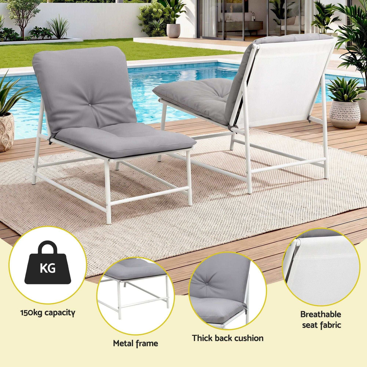 Gardeon 5-Piece Outdoor Sofa Set with white metal frames and grey cushions, showing two cushioned lounge chairs