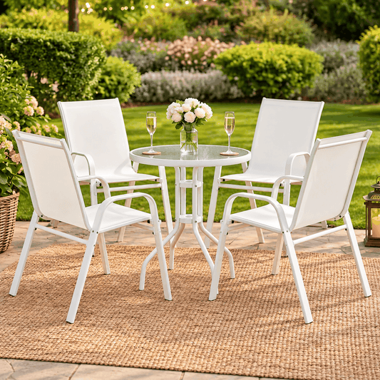 Gardeon 5PC Bistro Set with four white fabric chairs and a round glass table on a white metal frame