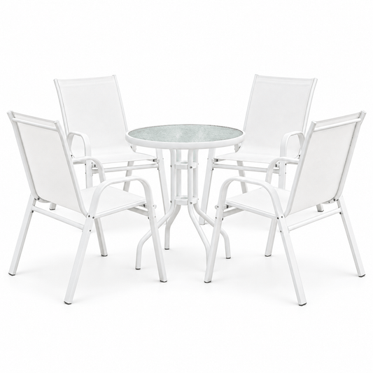 Gardeon 5PC Bistro Set with white textilene chairs, powder-coated steel frames and a round glass-top table