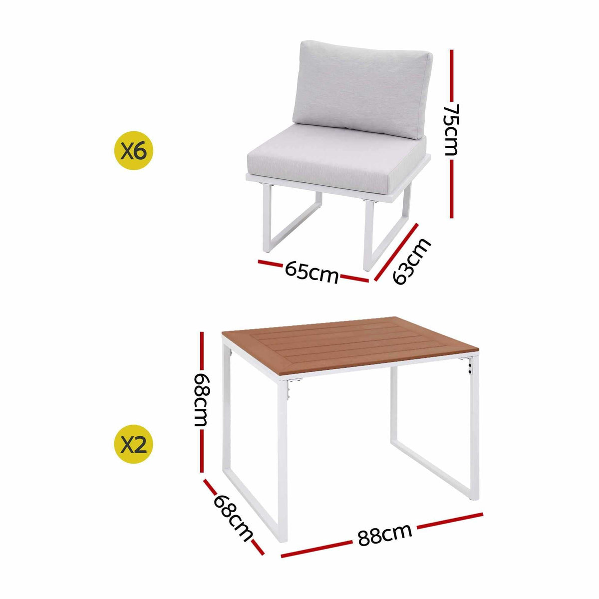 Gardeon 6 Seater Outdoor Dining set with white steel sofa frames, pale cushions and brown slatted tabletops