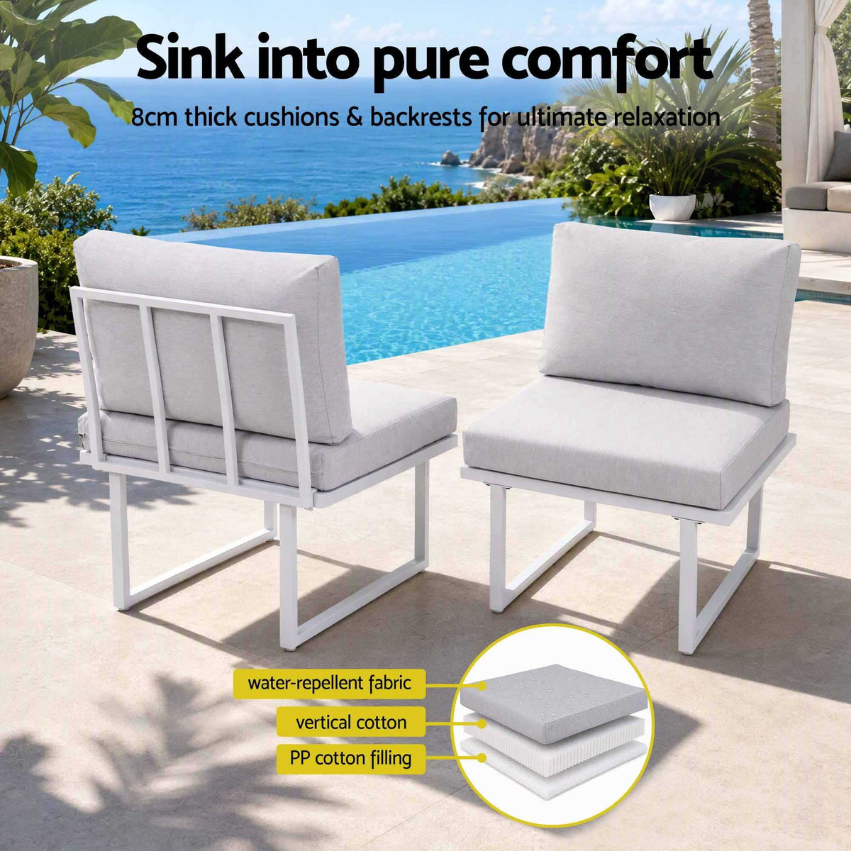 Gardeon 6 Seater Outdoor Dining set with white steel-framed sofa chairs and thick light grey cushions