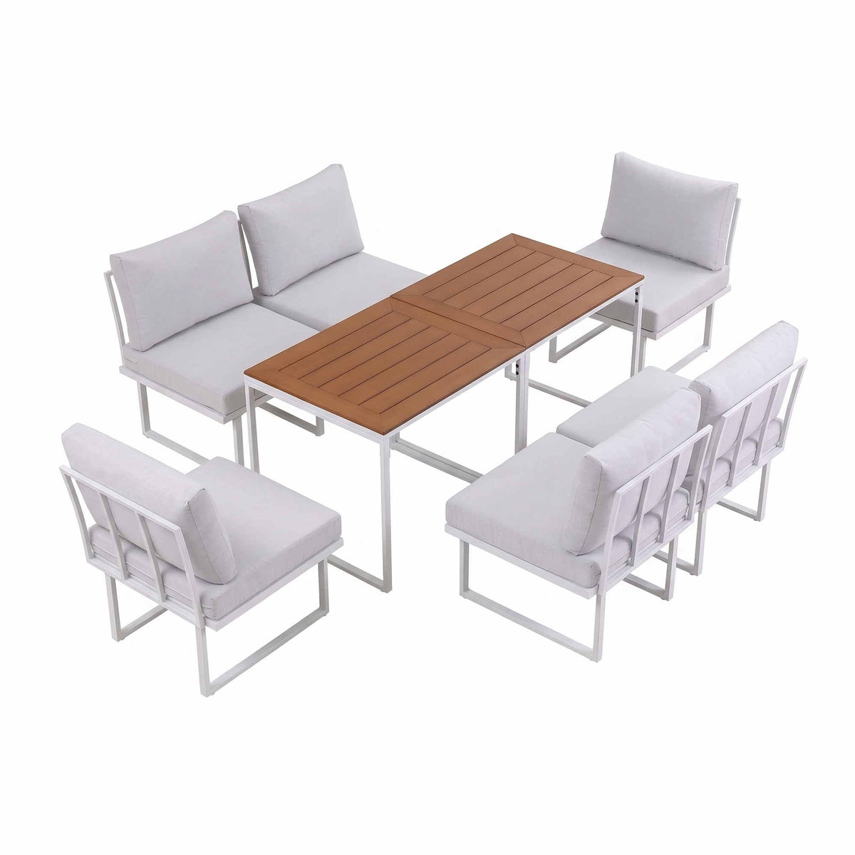 Gardeon 6 Seater Outdoor Dining sofa set with white cushions, white steel frames and two brown slatted tables