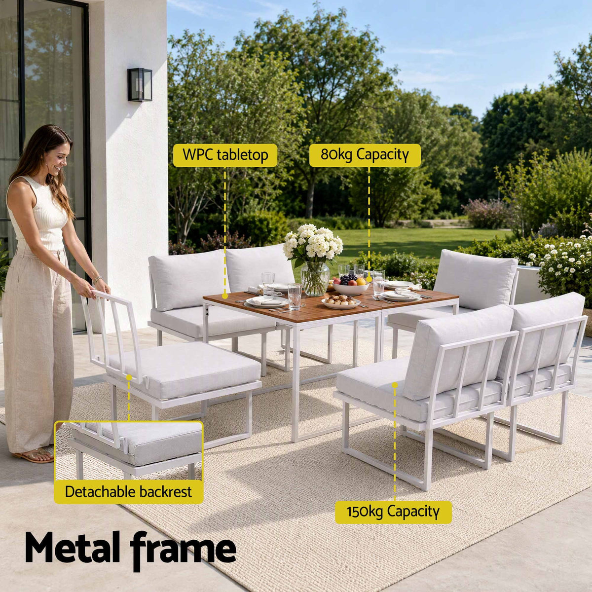 Gardeon 6 Seater Outdoor Dining sofa set with white cushions, metal frames and brown WPC tabletop, featuring detachable backrests