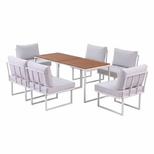 Gardeon 6 Seater Outdoor Dining set with white cushioned steel-frame sofas and two brown slatted tabletops