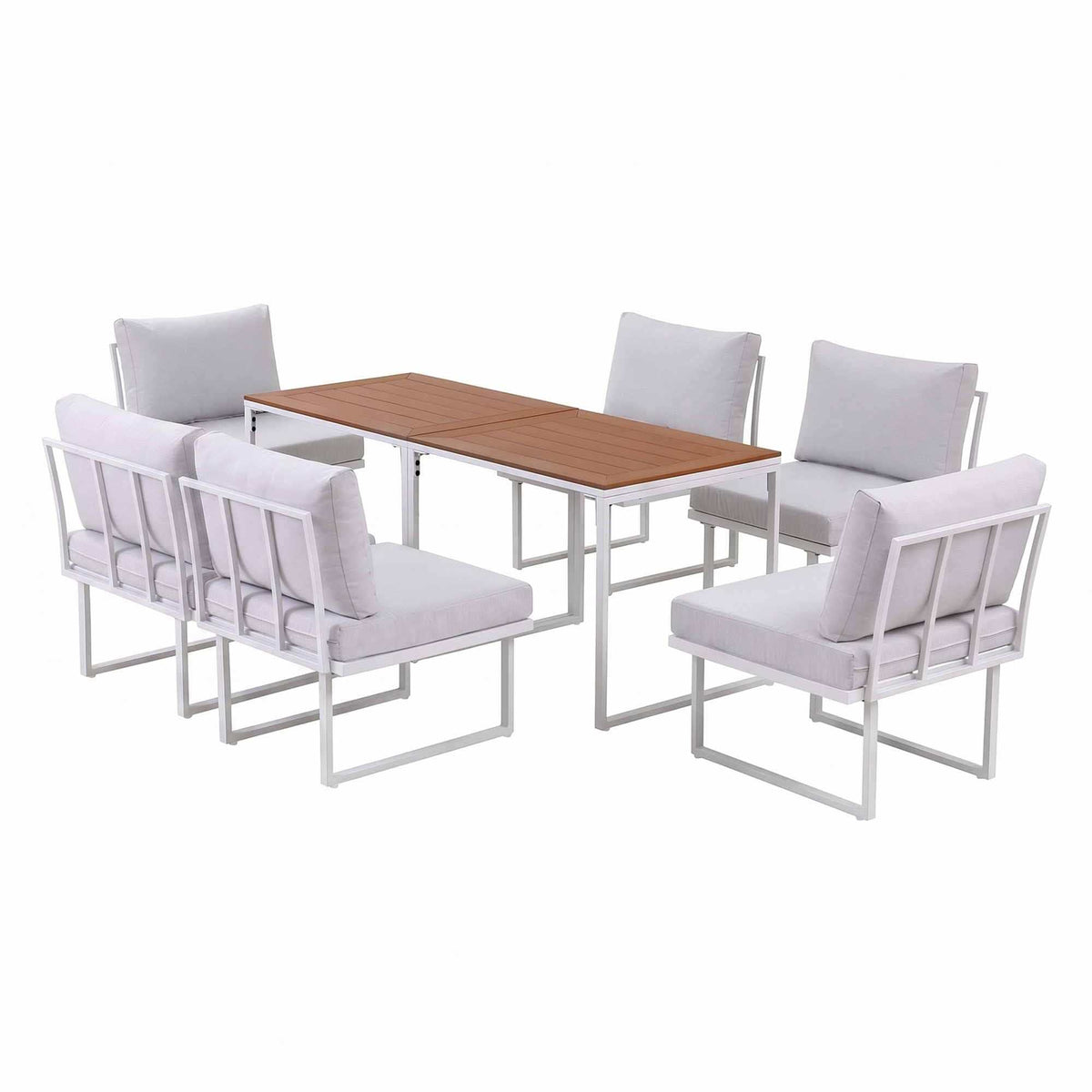 Gardeon 6 Seater Outdoor Dining set with white cushioned steel-frame sofas and two brown slatted tabletops