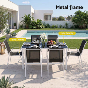 Gardeon 7 Piece Outdoor Dining Set with a black glass rectangular table and six black Textilene chairs on silver steel frames