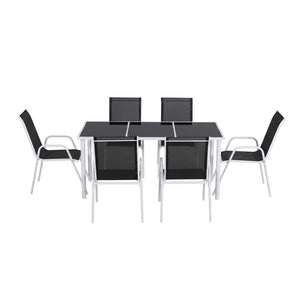 Gardeon 7 Piece Outdoor Dining Set with a black glass-topped table and six black Textilene chairs on white steel frames