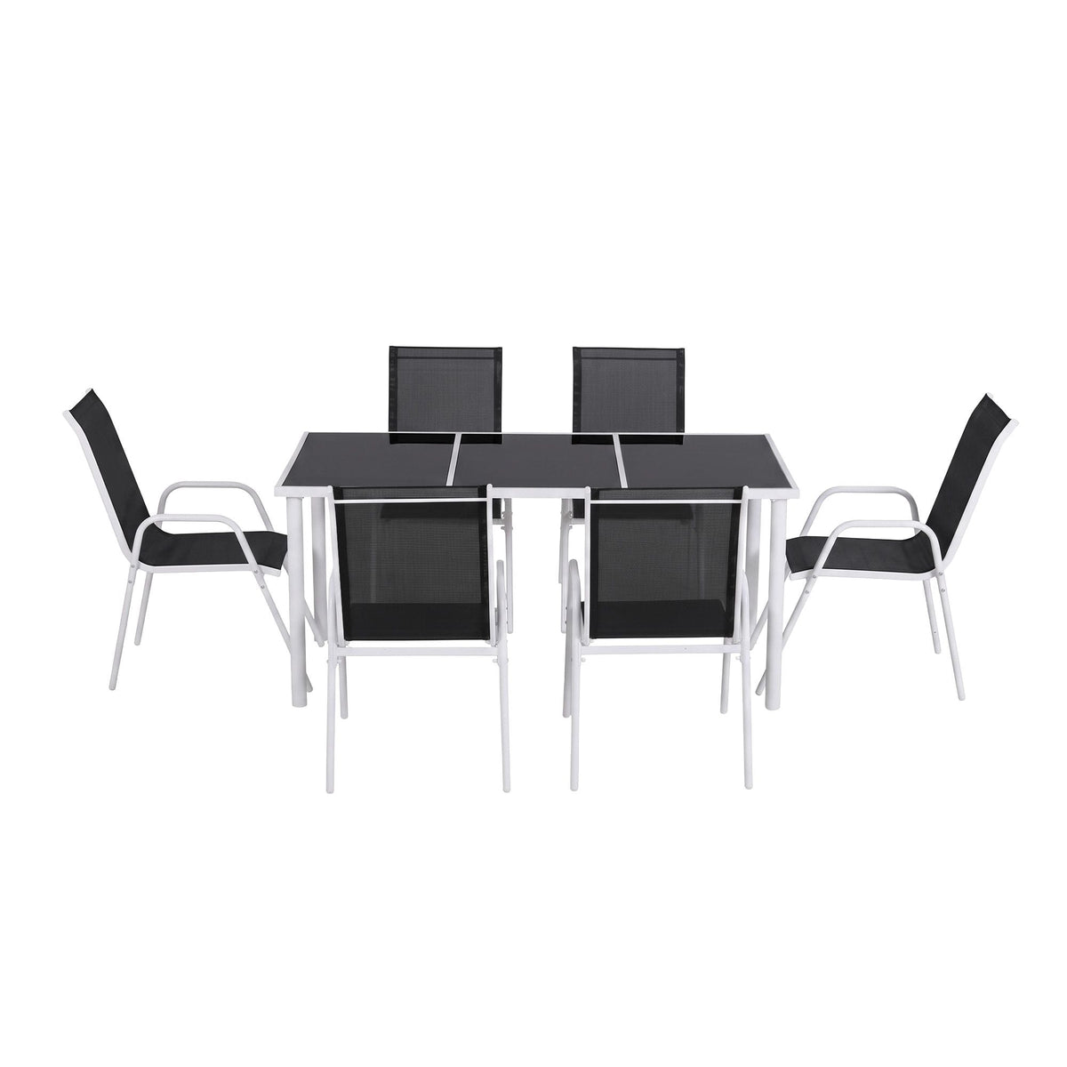 Gardeon 7 Piece Outdoor Dining Set with a black glass-topped table and six black Textilene chairs on white steel frames