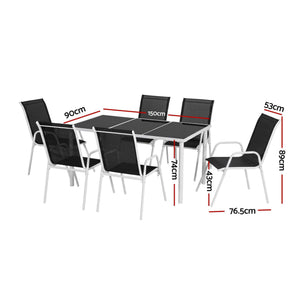 Gardeon 7 Piece Outdoor Dining Set with a black rectangular glass table and six black Textilene chairs with white steel frames